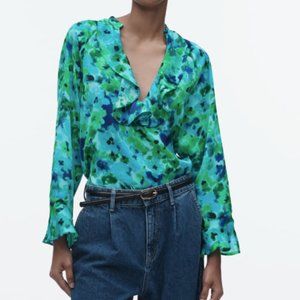 Zara Blue and Green Floral Blouse